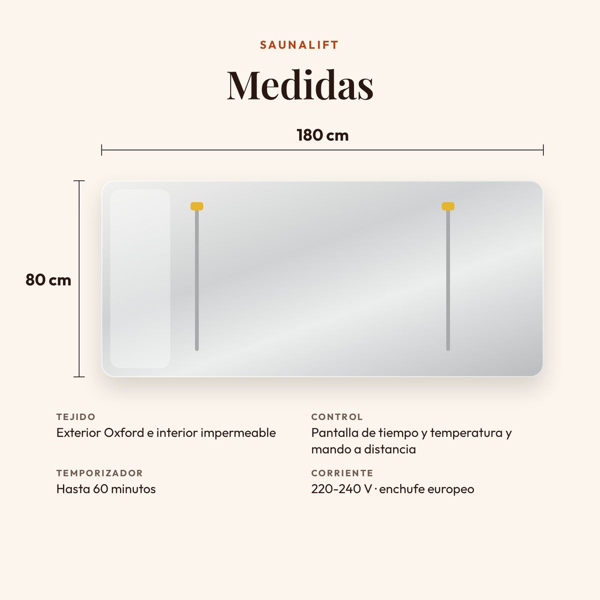 Medidas de la manta de sauna Saunalift: 180 × 80 cm