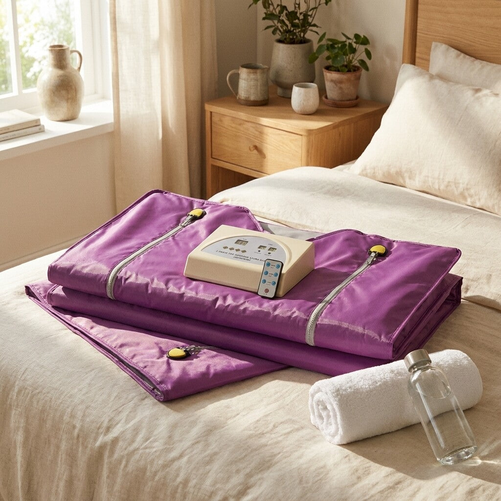 Manta de sauna morada doblada sobre la cama con la centralita y el mando