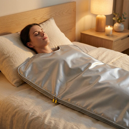 Mujer relajándose en su dormitorio dentro de la manta de sauna Saunalift gris plata